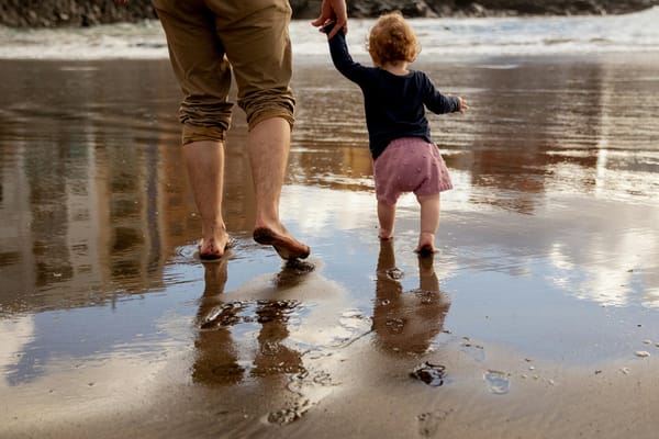 Father walking with his toddler along the bea